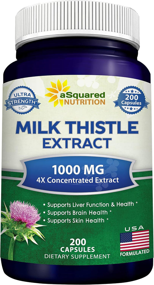 Milk Thistle Supplement - 200 Capsules - Silymarin Extract for Liver Detox | 4X Concentrated Extract - 4:1 Milk Thistle Seed Powder Herb Pills - Support Liver Cleanse - 250mg Per Capsule