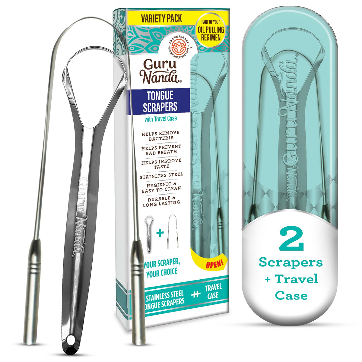 GuruNanda Stainless Steel Tongue Scraper (Pack of 2), Fight Bad Breath, Medical Grade 100% Stainless Steel Tongue Cleaner, Tongue Scraper For Adults and Kids, Great For Oral Care, Travel Friendly