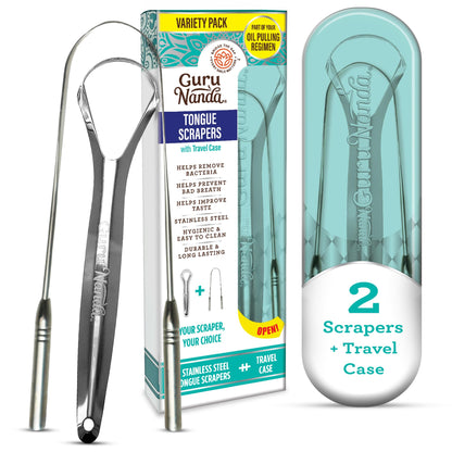 GuruNanda Stainless Steel Tongue Scraper (Pack of 2), Fight Bad Breath, Medical Grade 100% Stainless Steel Tongue Cleaner, Tongue Scraper For Adults and Kids, Great For Oral Care, Travel Friendly