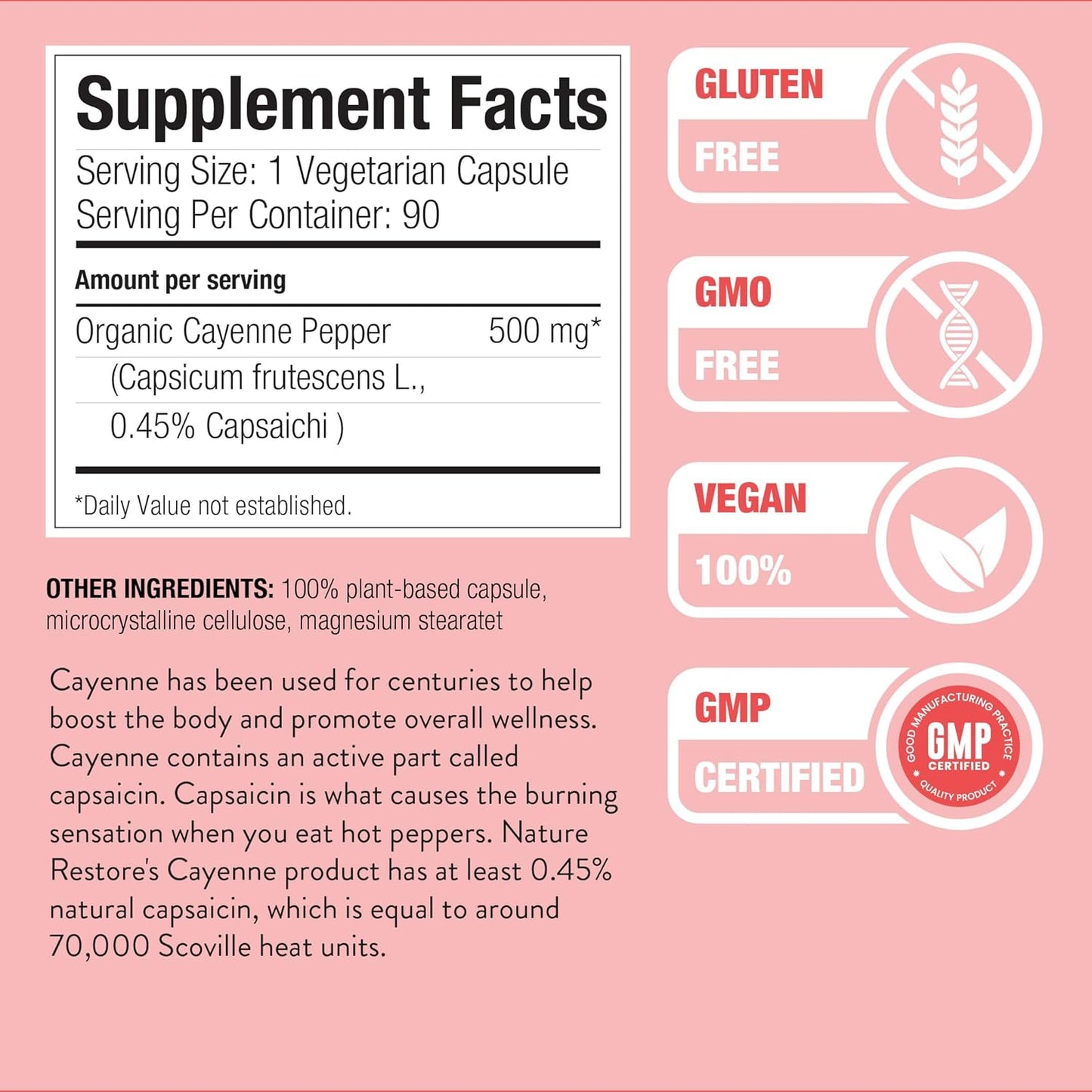 Nature Restore Premium Cayenne Pepper Extract Supplement. Standardized to 0.45% Capsaicin - 70,000 Scoville Heat Units for Natural Metabolism Support, Thermogenic Heat & Circulation, 90 Vegan Capsules