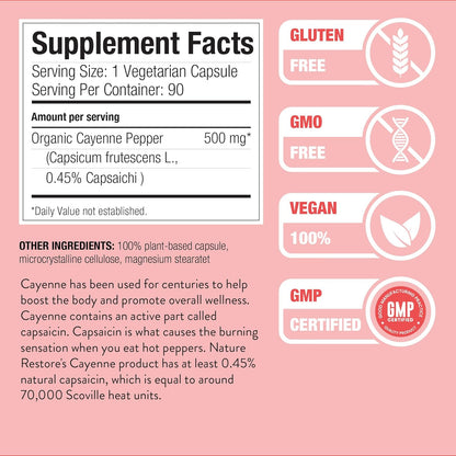Nature Restore Premium Cayenne Pepper Extract Supplement. Standardized to 0.45% Capsaicin - 70,000 Scoville Heat Units for Natural Metabolism Support, Thermogenic Heat & Circulation, 90 Vegan Capsules