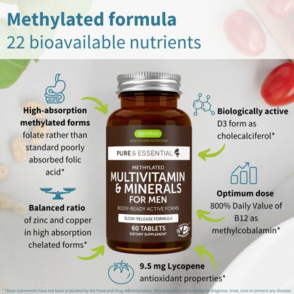 Igennus Methylated Multivitamin for Men with 22 Actives, 60 Tablets | Lycopene for Antioxidant Support, High Potency B12, Sustained Release, Pure & Clean, Non-GMO & Halal