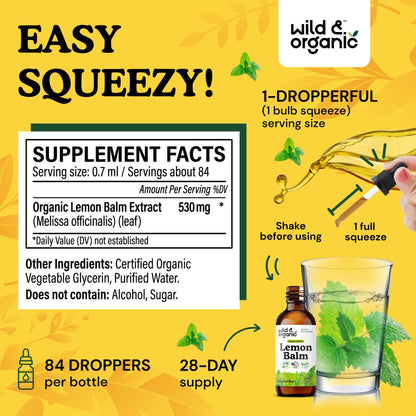 Wild & Organic Lemon Balm Tincture - Good Mood Support - Melissa Lemon Balm Extract Drops - Add to Tea for Relaxation - Vegan, Sugar & Alcohol-Free Leaf Supplement - 4 fl oz