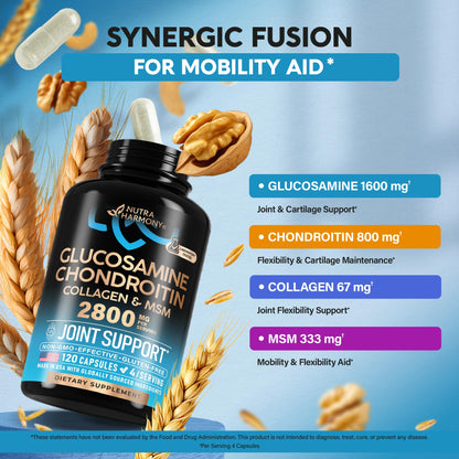 Glucosamine Chondroitin MSM Collagen | HSA | FSA Approved Product Items | Joint & Cartilage Support Supplement 2800 mg | Flexibility Nutritional Vitamins | Lab Tested | For Men & Women | 120 Capsules