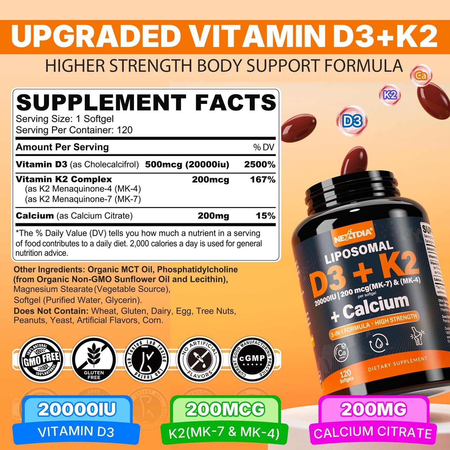 Vitamin D3 20,000 IU + K2 Vitamin (MK4 & MK7) 200mcg + Calcium Citrate, Optimal Vitamin D3 K2 Softgel - Strong Bone & Muscle, Calcium Absorption, Helping Vitamin D Deficiencies, Easy to Swallow, 2Pack
