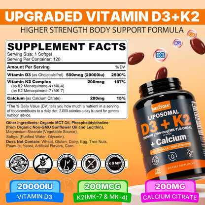 Vitamin D3 20,000 IU + K2 Vitamin (MK4 & MK7) 200mcg + Calcium Citrate, Optimal Vitamin D3 K2 Softgel - Strong Bone & Muscle, Calcium Absorption, Helping Vitamin D Deficiencies, Easy to Swallow, 2Pack