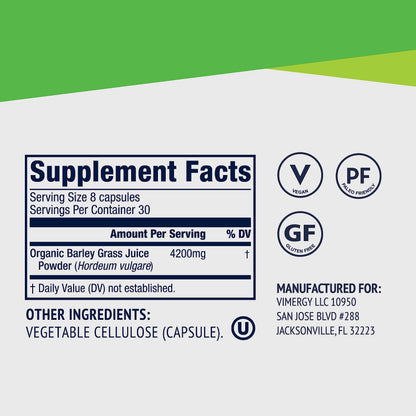 Vimergy Barley Grass Juice Powder Dietary Supplement - 4g per Serving (62 Servings) – Clean Superfood – Promotes Cardiovascular Health* – Organic, Vegan & Gluten-Free – Regular Size 250g