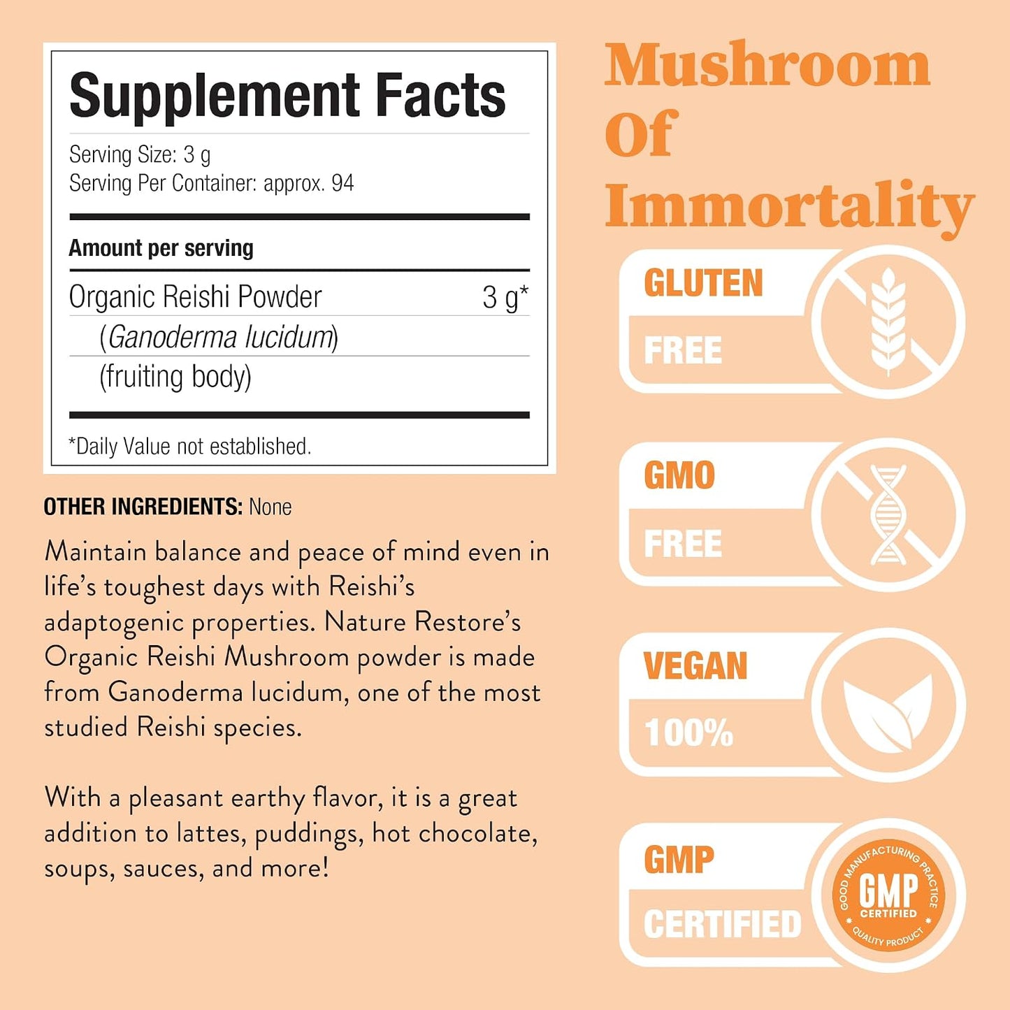 Nature Restore Organic Reishi Mushroom Powder (10 oz). Pure Ganoderma Lucidum Adaptogen for Stress and Immune Support, Bulk Whole Mushroom Powder for DIY Coffee