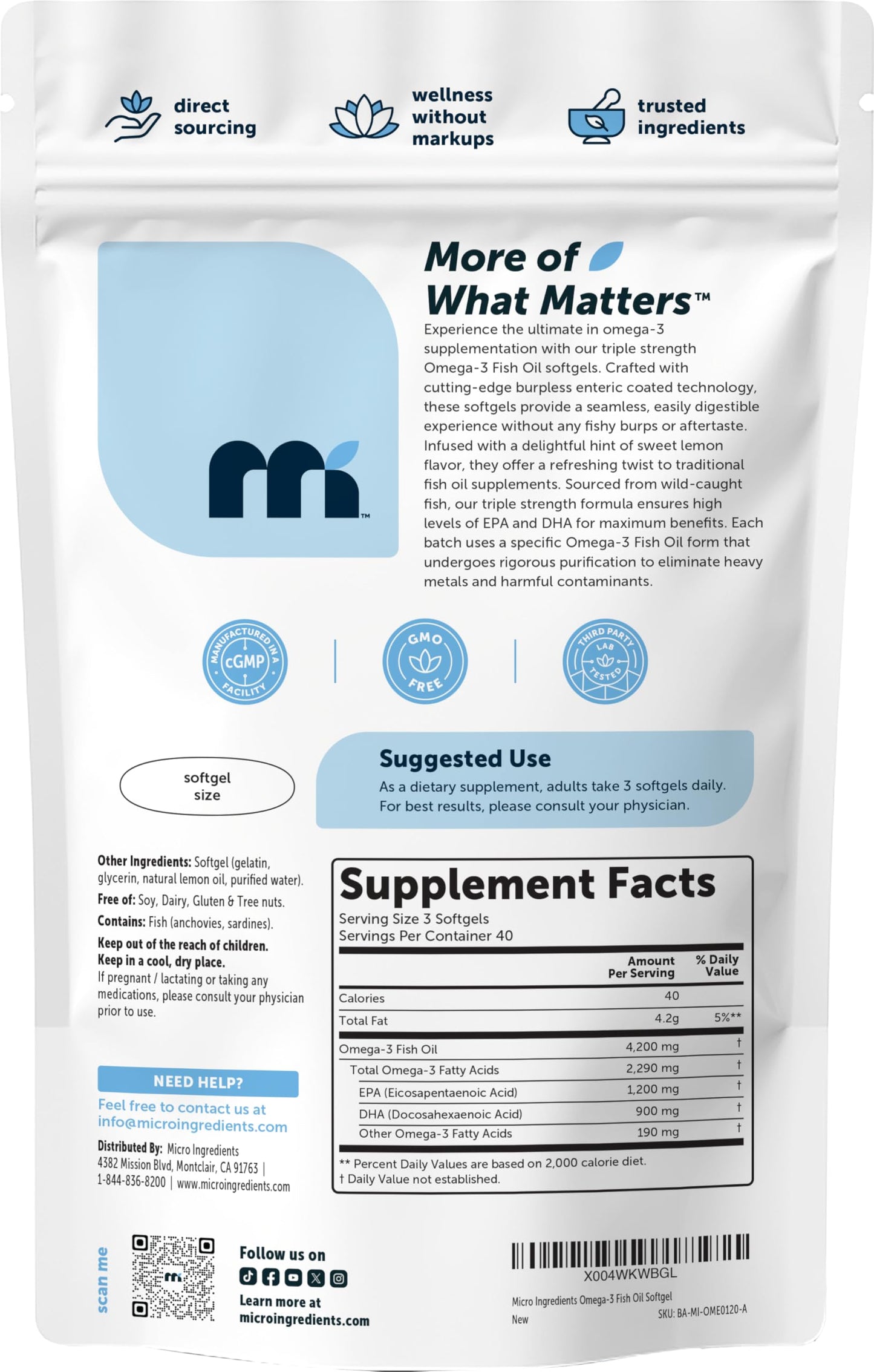 Micro Ingredients Triple Strength Omega 3 Fish Oil Supplements 4200mg Per Serving, 240 Softgels – Lemon Flavored – Burpless | EPA 1200mg + DHA 900mg | Deep Sea Fish