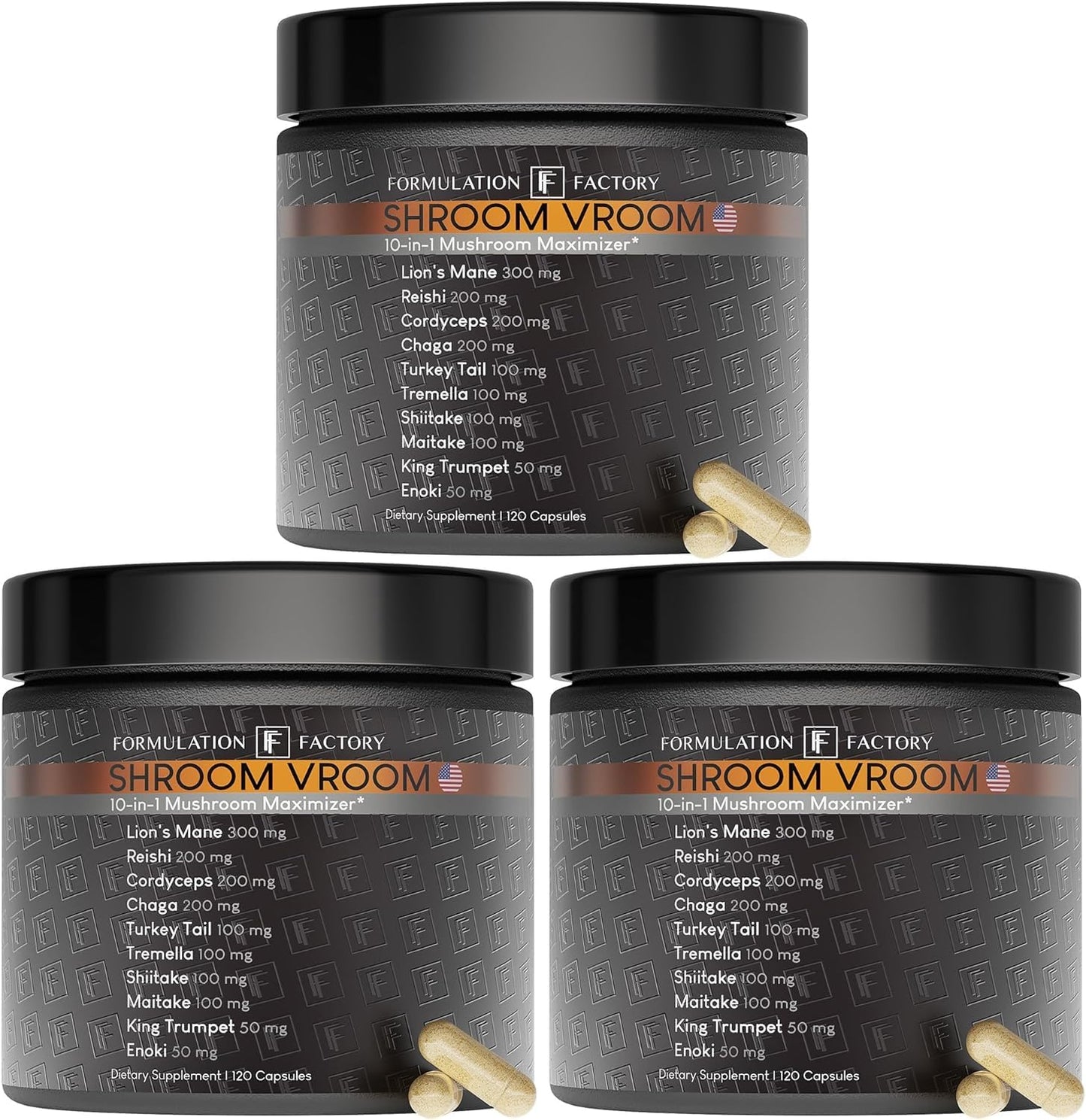 Formulation Factory Shroom Vroom 10-in-1 Mushroom Complex (2-Pack) with Lion's Mane, Reishi, Cordyceps, Chaga, Turkey Tail, Tremella, Maitake, Shiitake & More - 120 Capsules, 2 Month Supply
