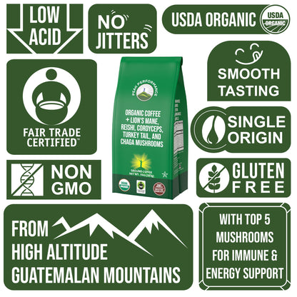 Peak Performance High Altitude Organic Coffee - Fair Trade, Low Acid, Non GMO, and Beans Full of Antioxidants - Medium Roast Smooth Tasting USDA Certified Organic Ground Coffee Bag 12 oz