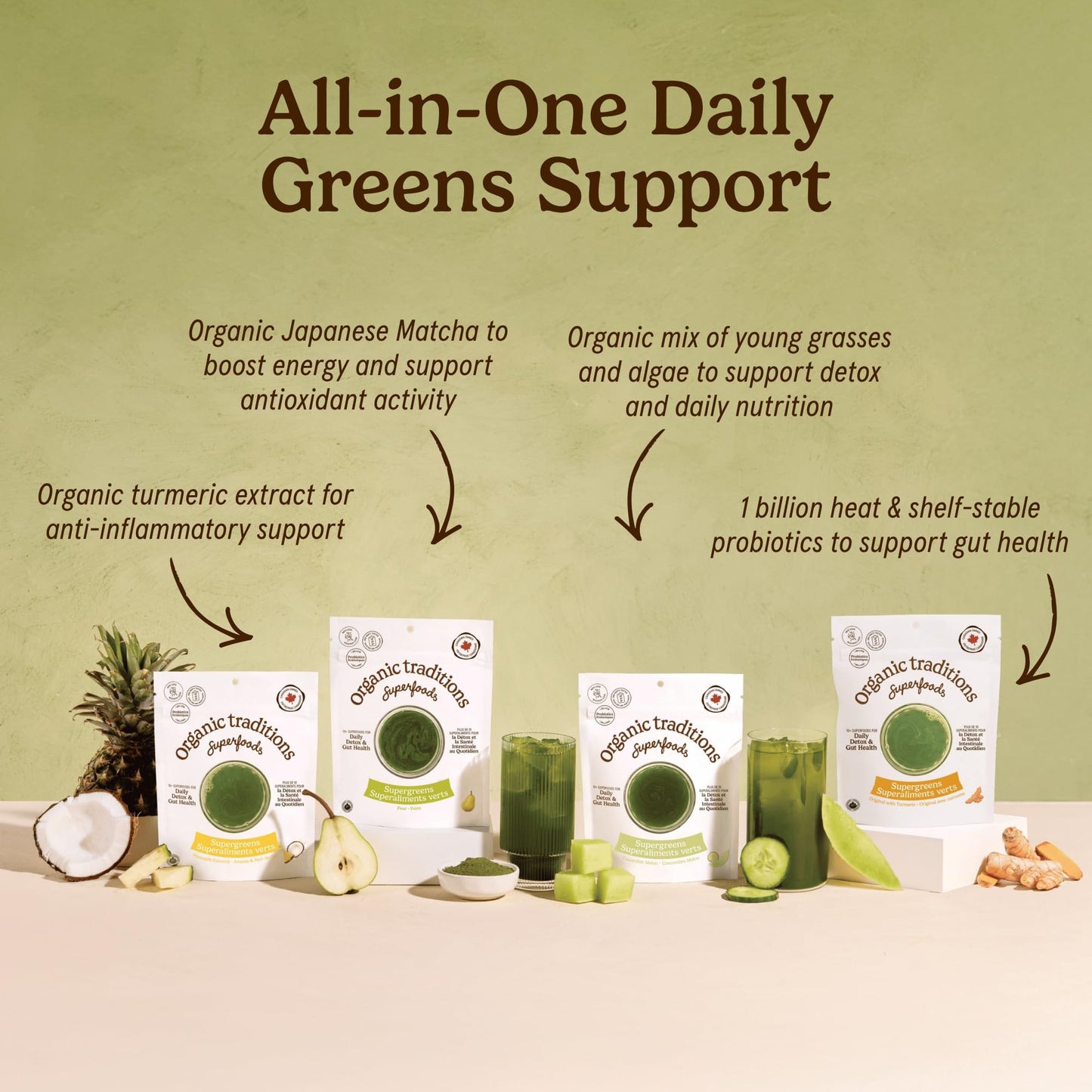 Organic Traditions Super Greens Powder with Turmeric, Organic Greens Superfood Blend with Vitamins Minerals and Probiotics, Plant Based Green Juice Mix for Smoothies and Drinks, 100g / 3.5oz Bag