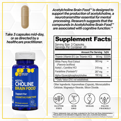 Acetylcholine Brain Food w/Alpha GPC, Cognitive Function Support, 60 Count | Choline Supplement w/ 319mg Acetyl L-Carnitine & White Peony Root - Neurotransmitter Support for Learning - Natural Stacks