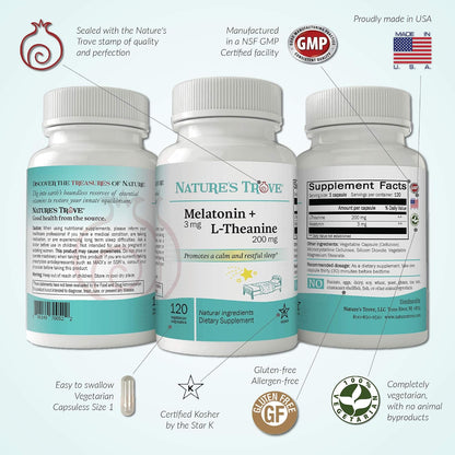 Nature's Trove Melatonin 3mg + L Theanine 200mg – Calm and Relaxation – 120 Kosher Vegetarian Capsules