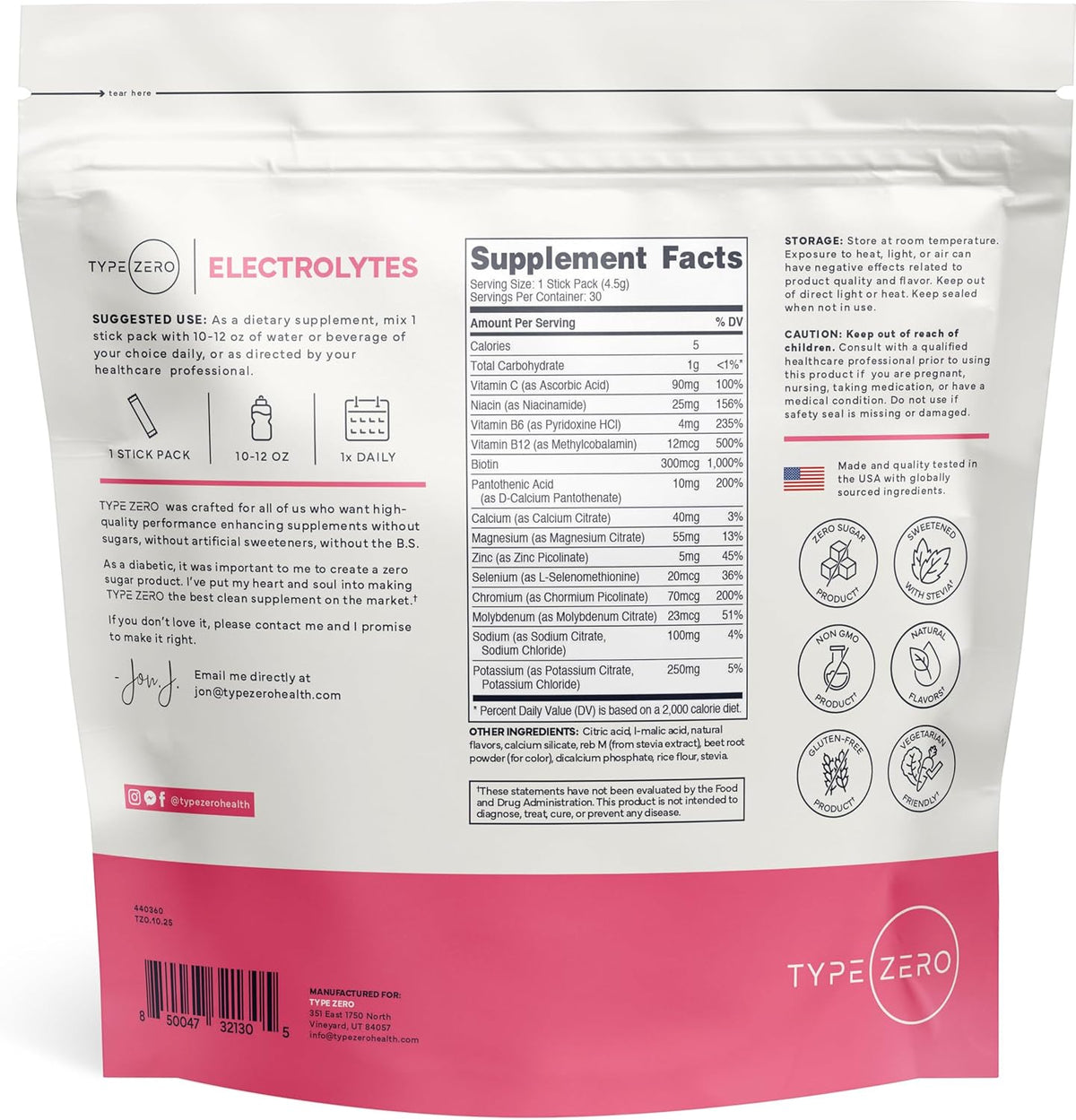 Type Zero Sugar Free Electrolyte Packets (Watermelon) 30 Stick Packs