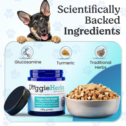 Doggie Herbs Ruff Joints Powder- Advanced Hip & Joint Support for Dogs- Glucosamine, Devil's Claw & Meadowsweet- Mobility & Stiffness Supplement- Pure Active Formula, No Fillers- TCM Doctor Formulated
