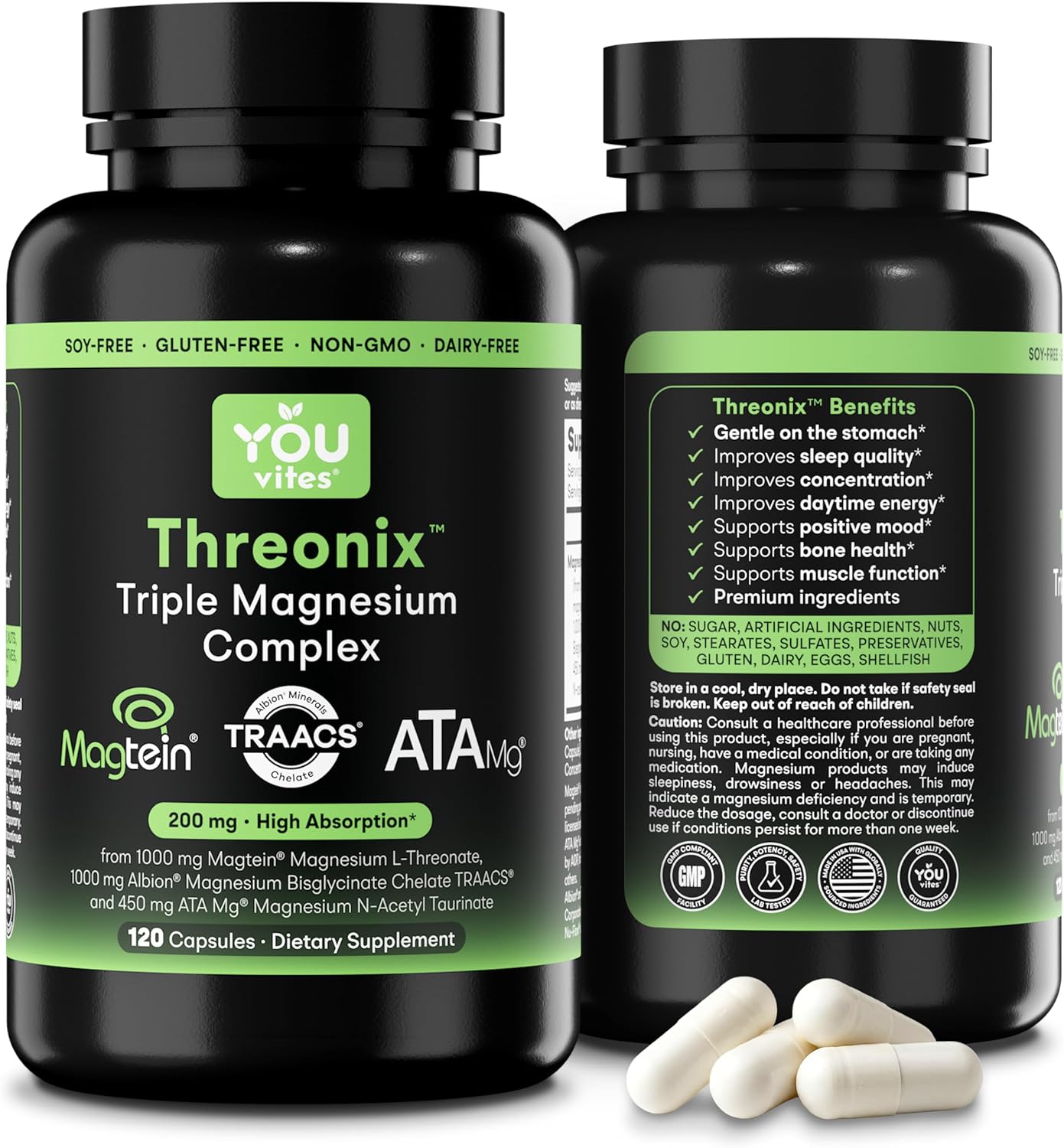 Threonix Triple Magnesium Complex - Magtein L-Threonate, Bisglycinate Chelate TRAACS & ATA Mg - Brain, Sleep, Mood & Focus Support - High Absorption, Gentle on Stomach - 120 Capsules