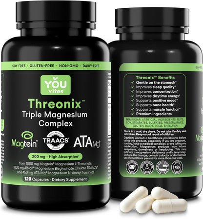 Threonix Triple Magnesium Complex - Magtein L-Threonate, Bisglycinate Chelate TRAACS & ATA Mg - Brain, Sleep, Mood & Focus Support - High Absorption, Gentle on Stomach - 120 Capsules