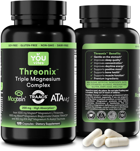 Threonix Triple Magnesium Complex - Magtein L-Threonate, Bisglycinate Chelate TRAACS & ATA Mg - Brain, Sleep, Mood & Focus Support - High Absorption, Gentle on Stomach - 120 Capsules