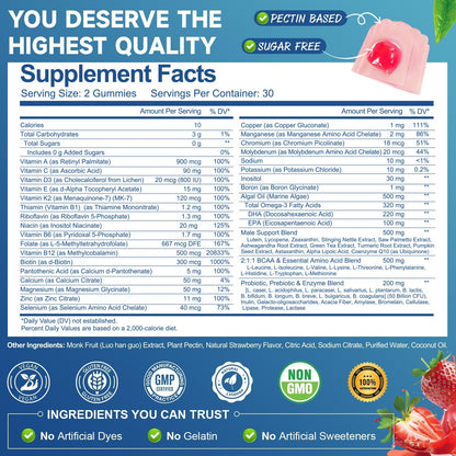 Totaria Sugar Free Multivitamin for Men with Omega 3, Probiotics, Mens Multivitamins Gummies w/Methylated B Complex, EAAs, Lycopene, Zinc, for Daily Energy, Immune, Heart, Iron Free, 60 Count