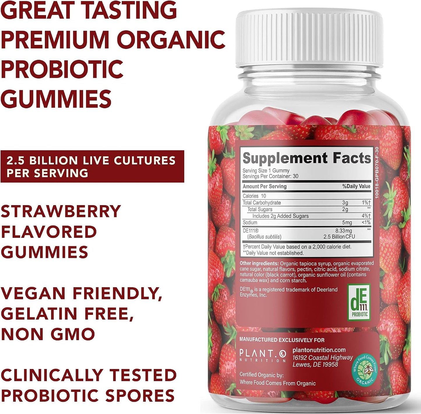 Plant.O Organic Probiotic Gummies for Women, Men & Kids [5 Billion CFUs USDA Certified] Help Support Digestion, Bloating, Constipation & Immune System, Strawberry Flavor, 30 Chewable Probiotics