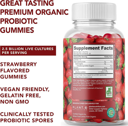 Plant.O Organic Probiotic Gummies for Women, Men & Kids [5 Billion CFUs USDA Certified] Help Support Digestion, Bloating, Constipation & Immune System, Strawberry Flavor, 30 Chewable Probiotics