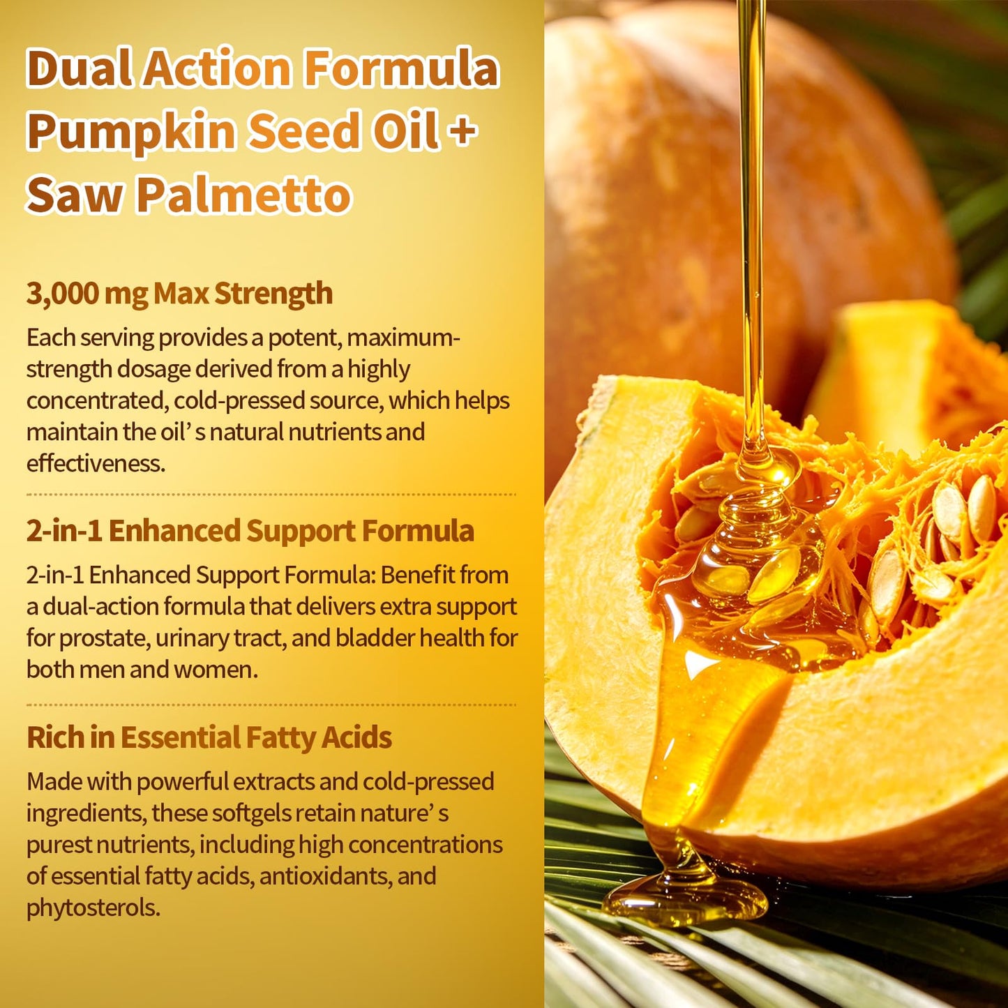 VivoNu Pumpkin Seed Oil with Saw Palmetto Capsules, 4000mg 300 Softgels | Organic, Cold Pressed | DHT Blocker | Supports Hair, Urinary, Bladder & Prostate Health | Non-GMO | Organic, Cold Pressed | DHT Blocker | Supports Hair, Urinary, Bladder & Prostate
