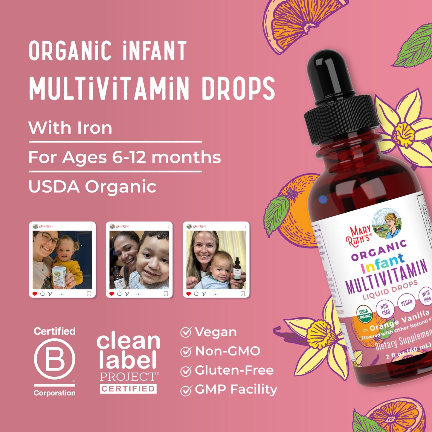 MARYRUTH'S Organics Multivitamin & Multimineral with Iron for Toddlers | USDA Organic | Sugar Free | Multivitamin Liquid Drops for Kids Ages 1-3 | Immune Support | Vegan | Non-GMO | 2 Fl Oz