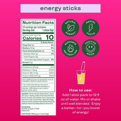 Bloom Nutrition Energy Drink Powder Packets, Strawberry Watermelon, 10 Ct | Sugar Free Drink Mix with L-Theanine, B Vitamins & Natural Caffeine, On the Go Powder Sticks for Natural Energy, 10 Calories