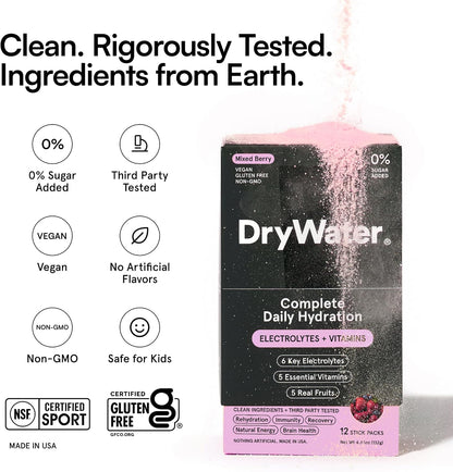 DryWater Electrolytes + Vitamins Hydration Packets, Mixed Berry 12 Pack