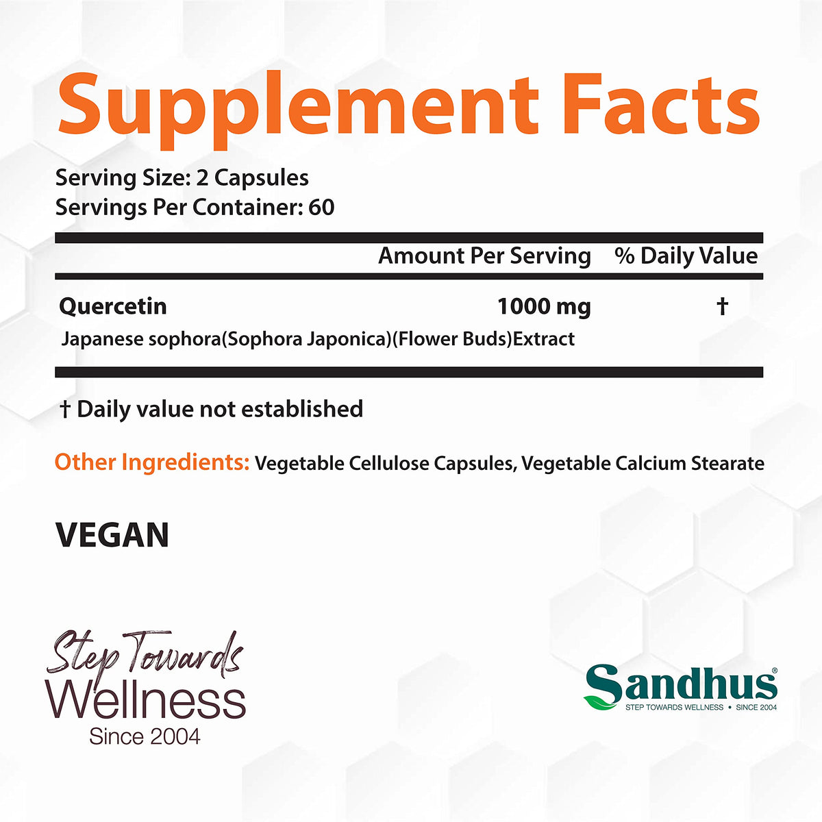 Sandhu's Quercetin 1000mg Per Serving 120 Count Vegetarian Capsules Bioflavonoids