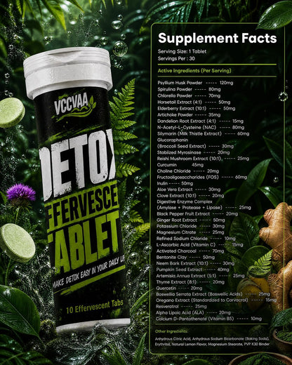 Detox Effervescent Tablets - All-in-One Daily Cleanse & Liver Support Drink with Milk Thistle, NAC, Activated Charcoal, Digestive Enzymes & Electrolytes - Fizzy Lemon Flavor, 30 Count