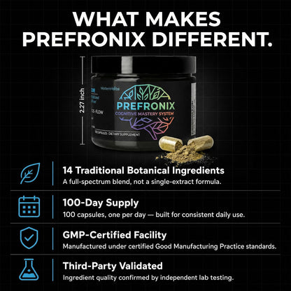 Prefronix Nootropic Brain Supplement, Ginkgo Biloba, Memory & Cognitive | 100-Day Supply; Caffeine-Free Daily Focus; 14 Botanicals for Men, Women and Seniors; GMP-Certified Quality