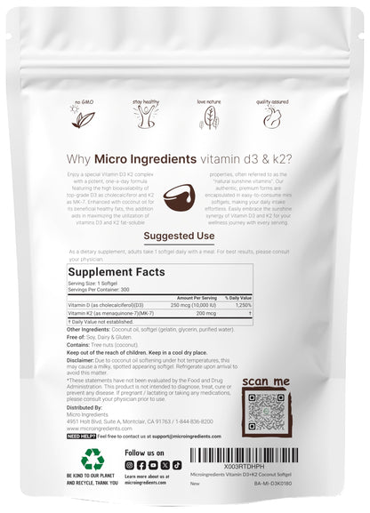 Micro Ingredients Vitamin D3 K2 MK-7 10,000 IU Per Serving, 300 Softgels | Made with Virgin Coconut Oil, K2 200 mcg Per Serving. D3 & K2 Vitamin Supplement. Easy-to-Swallow. Non-GMO, Gluten Free.