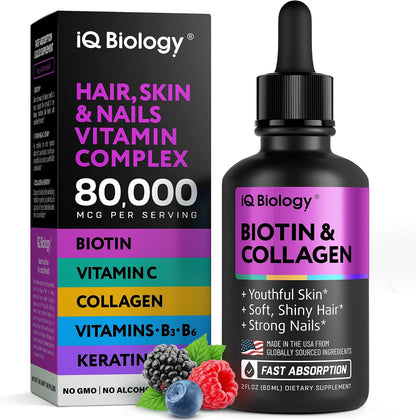 Liquid Biotin for Hair Growth Support - Hair Vitamins Drops - 2 fl oz | Biotin 5000mcg, Collagen, Keratin with Hyaluronic Acid - Multivitamin Supplements for Women & Men