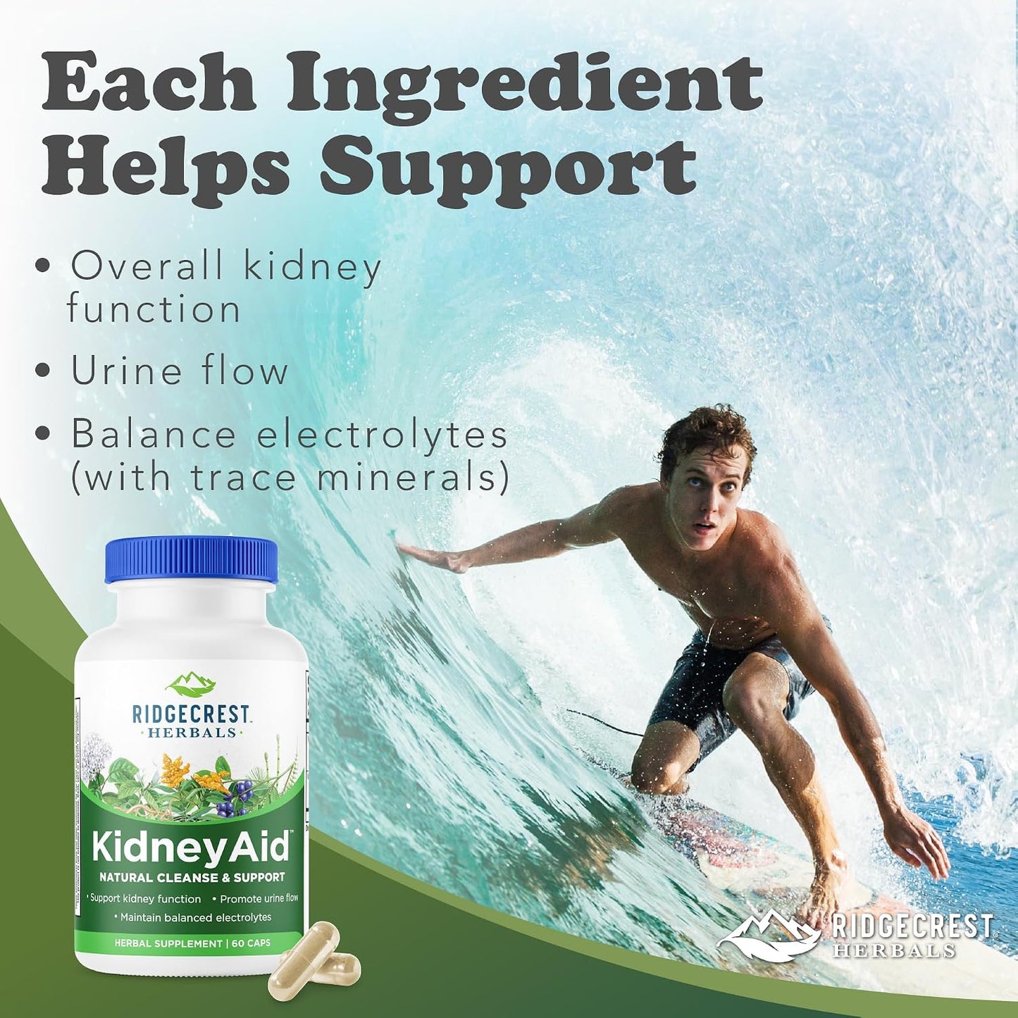 RidgeCrest Herbals KidneyAid Kidney and Urinary Tract Support 60 Ct | 30 Servings, Hydrangea, Horsetail, Trace Minerals, Natural Herbal Blend, Vegan Capsules, Daily Health Formula