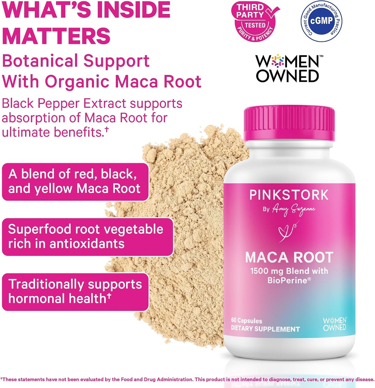 Pink Stork Organic Maca Root Capsules for Women, 1500 mg, 60 Count | With BioPeirne, Hormonal Balance, Menstrual Health, Energy, + Vitality Support, Perimenopause Comfort