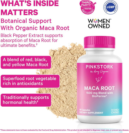 Pink Stork Organic Maca Root Capsules for Women, 1500 mg, 60 Count | With BioPeirne, Hormonal Balance, Menstrual Health, Energy, + Vitality Support, Perimenopause Comfort