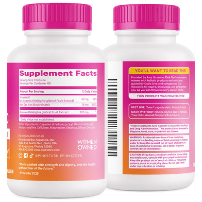 Pink Stork Iron for Women with Vitamin C, 60 Capsules, 2-Month Supply | 18 mg Chelated Iron Bisglycinate + Vitamin C, Supports Energy, Focus + Oxygen, Pregnancy, Postpartum, PMS + Perimenopause