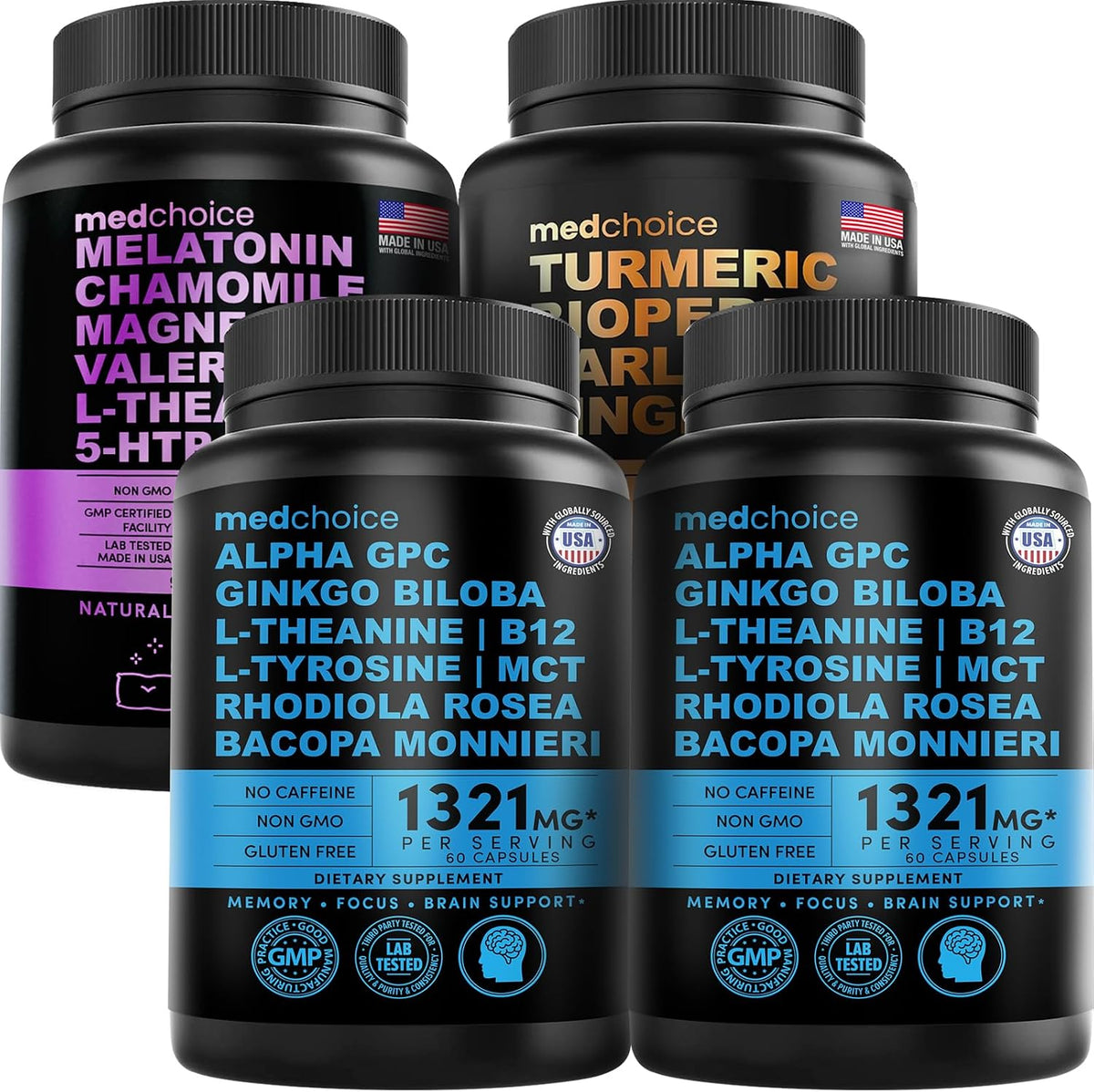 MEDCHOICE Sleep Melatonin (90ct), Turmeric & Ginger (120ct), and Nootropic Brain (120ct) Supplement Bundle - Wellness Trio for Brain, Sleep, & Immune Support - Vegan, Non-GMO, Gluten-Free