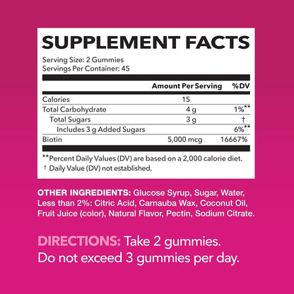 Biotin Gummies 5000mcg Per Serving for Hair, Skin & Nails, Strawberry, 90ct | Non-GMO and Gluten Free 5000mcg Biotin Gummies for Women and Men, GLP-1 Nutritional Support for Hair Health, 45 Servings