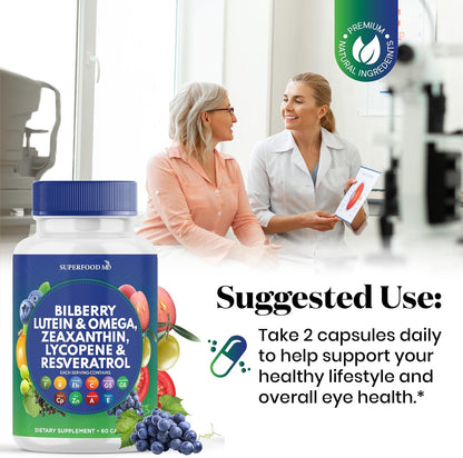 Superfood MD Eye Health Vitamins with Bilberry Lutein & Zeaxanthin Lycopene 40mg Resveratrol Grape Seed Extract Astaxanthin- AREDS 2 - Eye Vitamin - 120 Capsules
