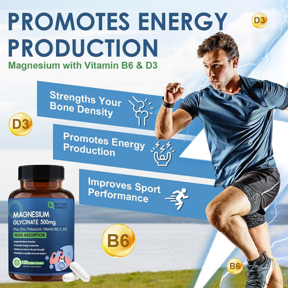 NATURE TARGET Magnesium Glycinate 500 mg with Zinc, 120 Vegan Capsules | Chelated, Non-Buffered Magnesium With Vitamin D3 & B6 For Muscle, Nerve, Bone, Heart And Immune Support, Non-Gmo, Gluten-Free