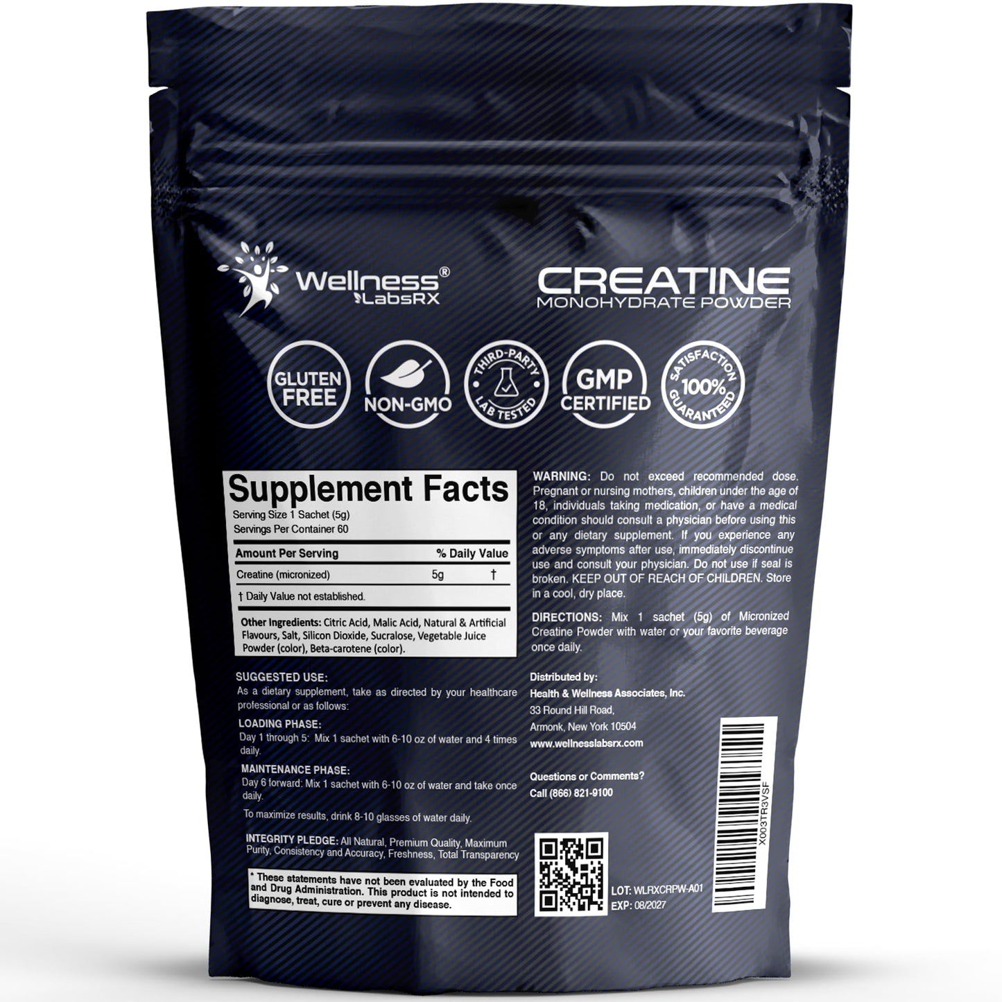 WELLNESS LABSRX Creatine Monohydrate Powder Sachets 300g – Fruit Punch Flavor Micronized Creatine Powder Supplement, Creatine for Women and Men, Supports Strength, Energy, Performance - 60 Servings