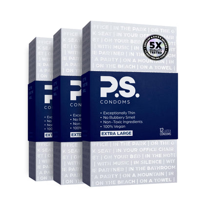PS Condoms Exceptionally Thin Latex Condoms, Clean & Odorless, 12 Pack | Individually tested, 0.045 mm natural rubber, 40% thinner, lubricated, vegan, and free of PFAS, gluten, glycerin and parabens