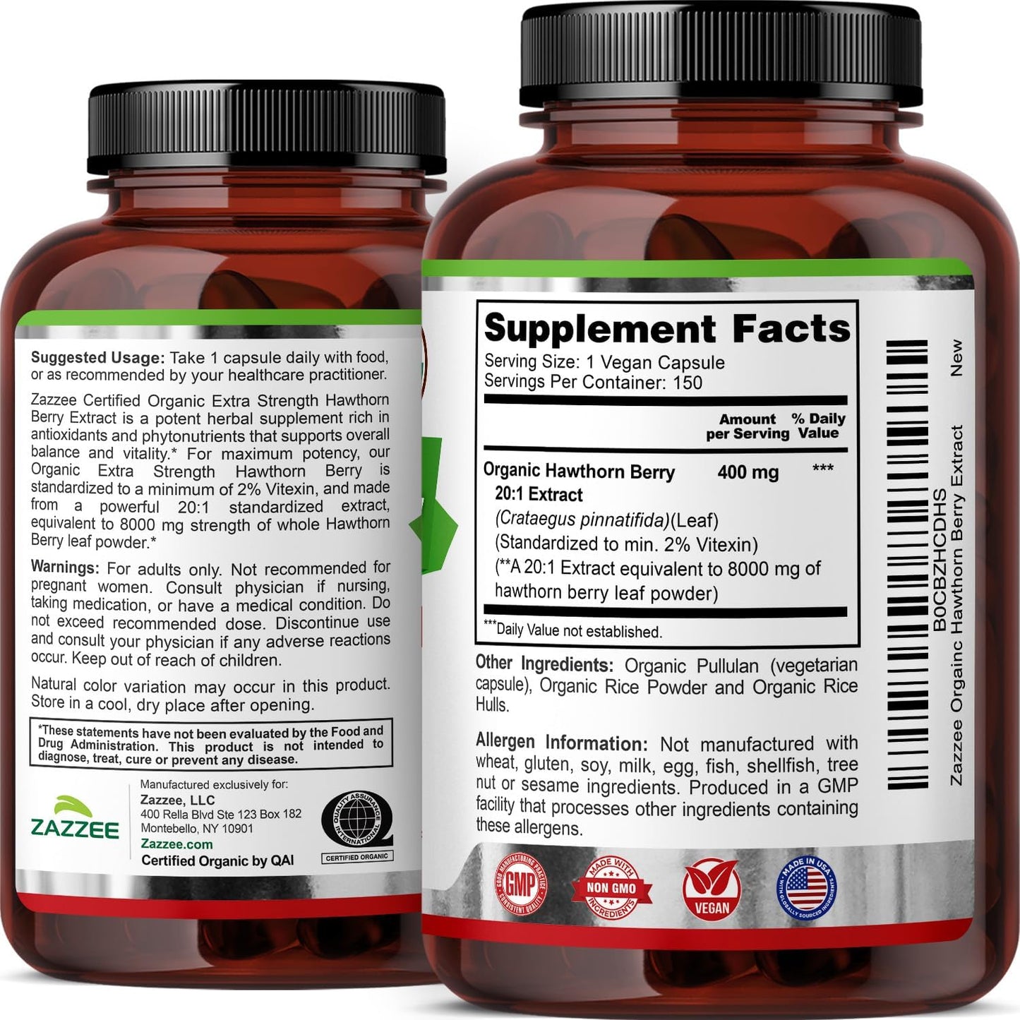 Zazzee USDA Organic Hawthorn Berry 20:1 Extract, 2% Vitexin, 150 Capsules | 5 Month Supply, Vegan, Crataegus Pinnatifida, Antioxidant & Circulation Support, Herbal Supplement, Non-GMO, Made in the USA