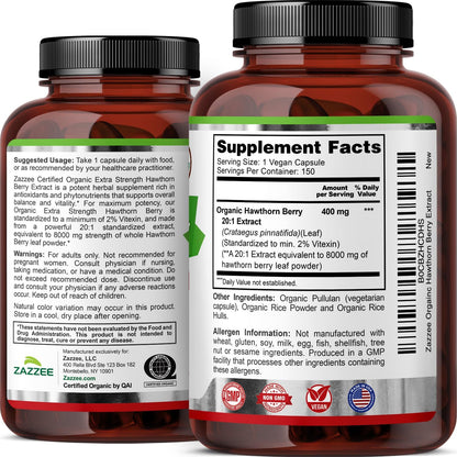 Zazzee USDA Organic Hawthorn Berry 20:1 Extract, 2% Vitexin, 150 Capsules | 5 Month Supply, Vegan, Crataegus Pinnatifida, Antioxidant & Circulation Support, Herbal Supplement, Non-GMO, Made in the USA