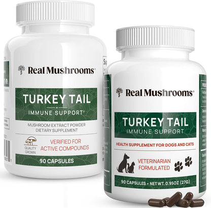 Real Mushrooms Turkey Tail for Humans & Pets - Bundle for Immune Support - Vegan, Non-GMO, Grain-Free, Gluten-Free Mushroom Extract Capsules - Verified Levels of Beta-Glucans