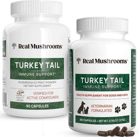 Real Mushrooms Turkey Tail for Humans & Pets - Bundle for Immune Support - Vegan, Non-GMO, Grain-Free, Gluten-Free Mushroom Extract Capsules - Verified Levels of Beta-Glucans