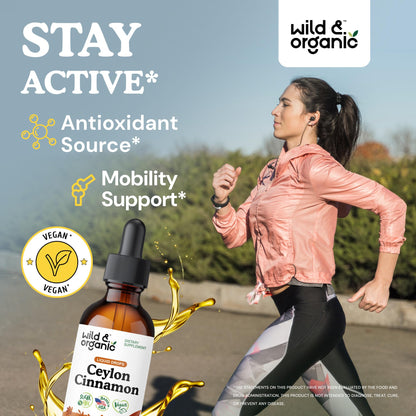Wild & Organic Ceylon Cinnamon Supplements 500mg - Antioxidant Support - Ceylon Cinnamon Drops - Add to Tea Liquid Extract - Cinnamomum Verum Bark - Unflavored, Sugar & Alcohol-Free Tincture - 4 fl oz